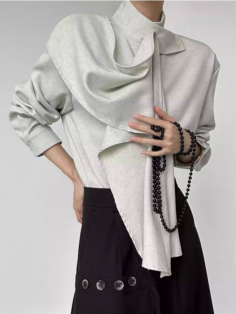 Sleeve Extended Stand Unisex Collar Shirt with Beige Long