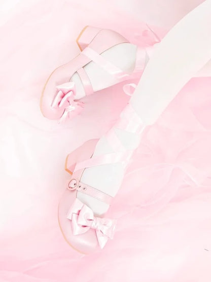 Mary - Lace-up Bow at Toe Pink Janes Top Round PU Ankle