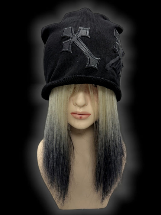 Y2K Schwarze Gothic Kreuz Applikationen Slouchy Beanie