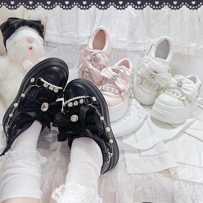 Platform Bow Jirai Top Chains Detail，Rhinestones Chunky Sneakers White Kei Beaded