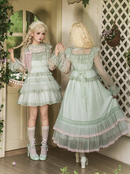 Green Illusion Neckline Blouse with Pink Lace Trim Dress & Brooch - With PUJI