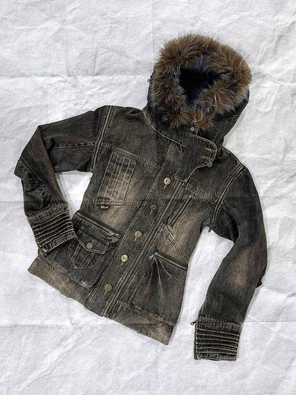Trim Hooded Denim Grey Version Hood Detachable Brown Fur Jacket - Regular/Padded