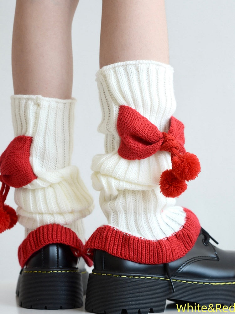 5 Colors Bowknot Ruffled Knitted Leg Warmers with Pom-Pom Decorations