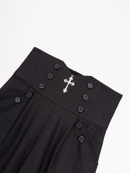 Shimmering Black High-Rise Ouji Pants with Silver Cross Buttons - DevilInspired Exclusive Collection