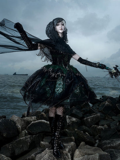 Black & Green Bone Dragon Embroidery Halter Neck Gothic Lolita Dress Set - Ying Luo Fu