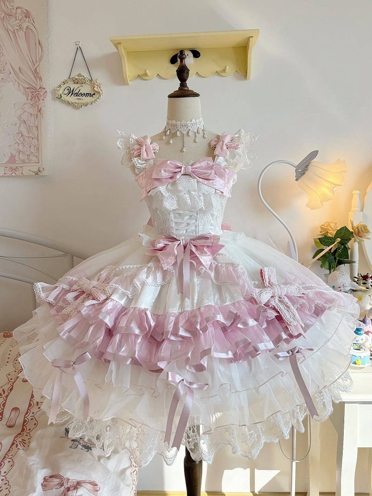 Layered Dress JSK with Princess Pink Bow Lolita Skirt Accents and Ruffle White