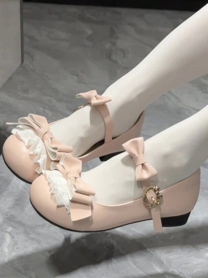 Low-heel/Mid-heel Accents Sweet Delicate Bow Lace Mary Pink Lolita Shoes in Jane