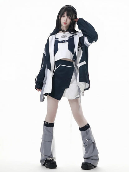 Blue and White Colorblock Shoulder Cutouts Techwear Long Sleeve Top with