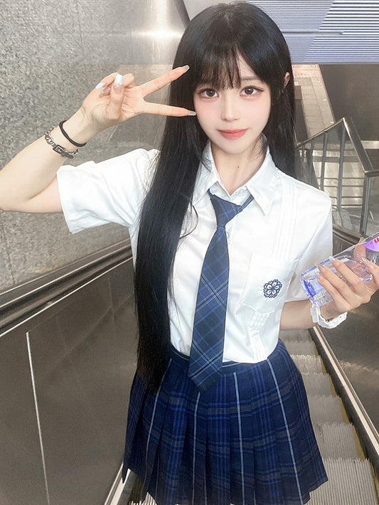 White Style Floral Uniform Shirt Short JK Pleating Details Embroidery Sleeves Preppy