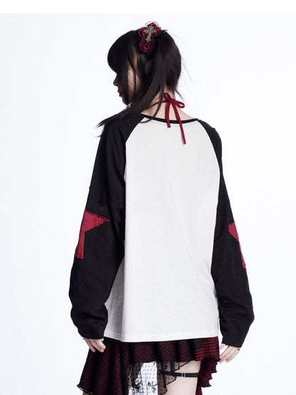 Lockere Oberteilärmel, schwarz-weißes Colorblock-Design, Sternapplikationen