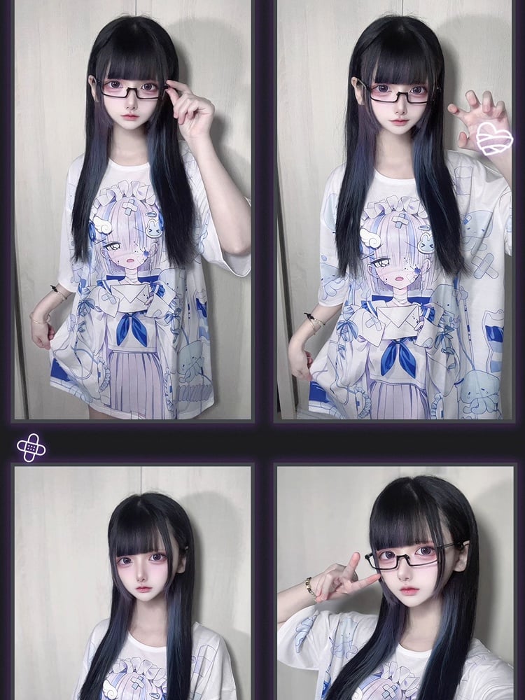 T-shirt Dark Otaku Aesthetic Black Kawaii Round Neck /White with Yami Anime Print 