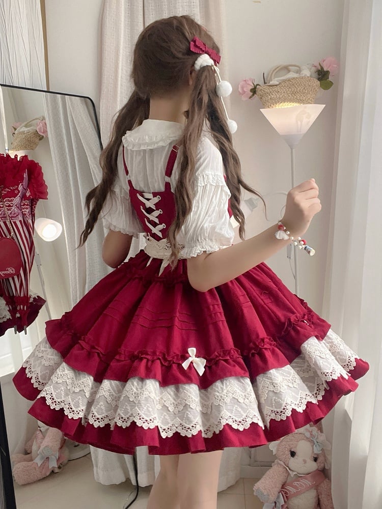 und Trim Sommerrock Plissee Rüschen Lolita Rot Pullover