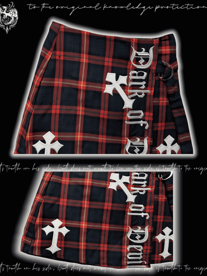 Glamorous Red  Black Plaid Cross Appliques Skirt Y2K