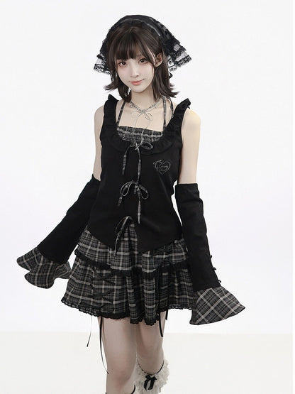 Black Fake Two-Piece Halter Top with Plaid Ties - PINK SAVIOR