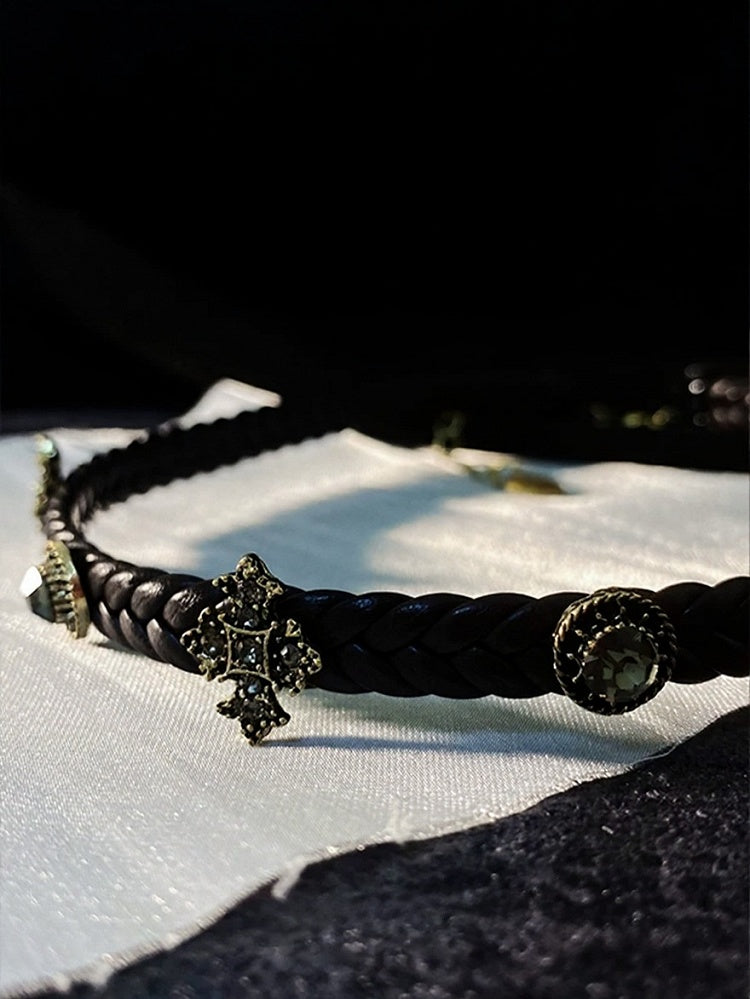 Dark Brown Gothic Leather Choker with Rhinestone Cross - Insomnia Artist