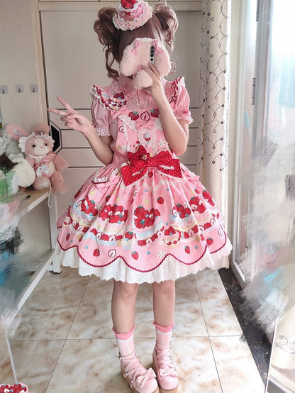 und süßer Dessert-Overall, rosa Lolita-Erdbeerkleid-Print