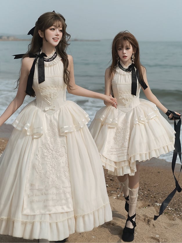 Lolita Neckholder Cremefarbene Detailstickerei Klassisches, zartes rückenfreies Kleid