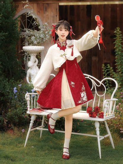 Red Floral Embroidered Chinese Dress with Plush White Top for Cold Seasons - Han Ru Chu Hanfu & Han-Element Studi