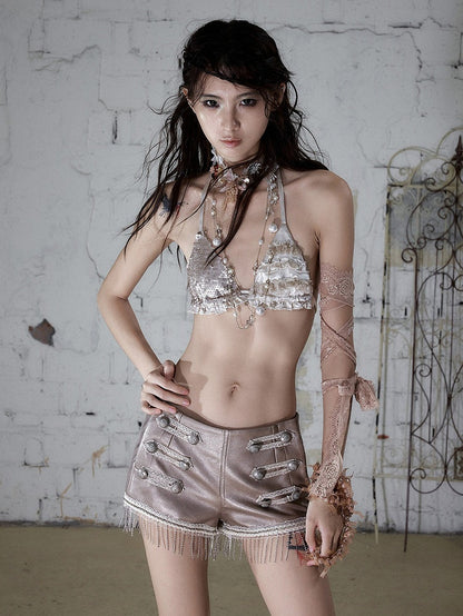 Vintage Punk Apricot Satin Halter Bralette with Sequin and Lace - NO ROMANCE