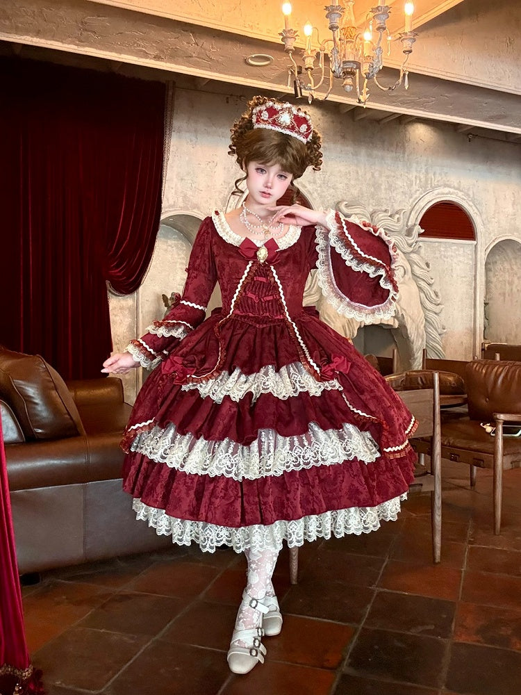 Elegant Wine Red Hime Dress with Bell Sleeves, Bowknots & Layered Skirt - Strawberry Cocoa Lolita