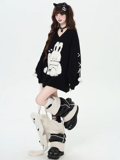 Black Cute Bunny V-neck Loose Sweater Lace-up Detail at Sleeves