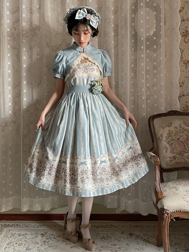 Version Jumper and Lolita Skirt Print Blue Classic Floral Clock Long