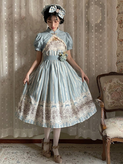 Version Jumper and Lolita Skirt Print Blue Classic Floral Clock Long