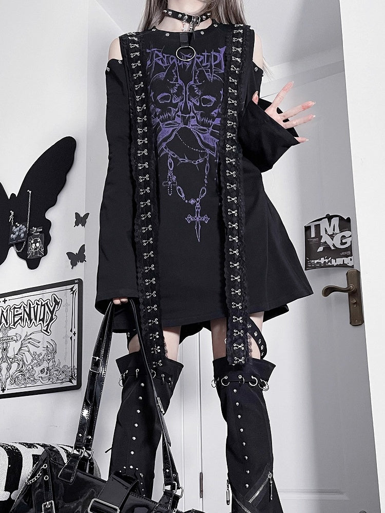 ショルダープリント ブラックパープル カットアウトトップ エモ スケルトン パンク レター ロングスリーブ