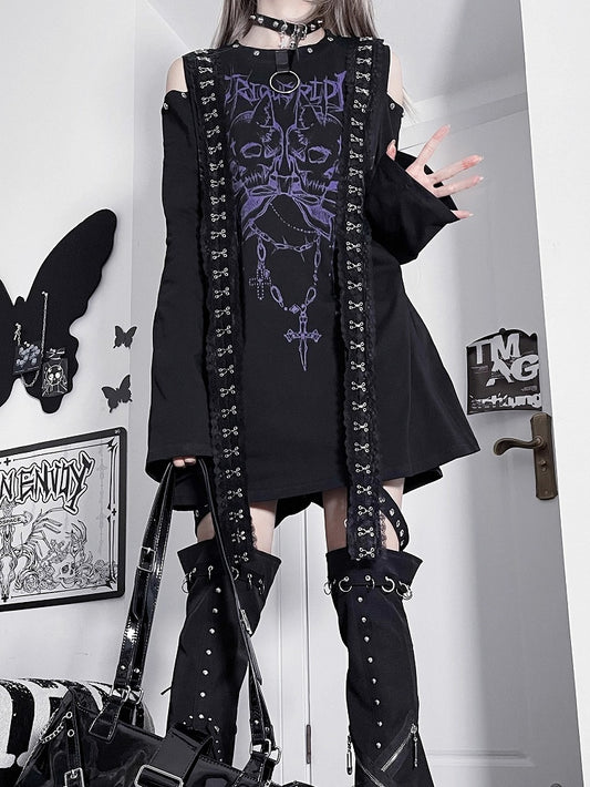 ショルダープリント ブラックパープル カットアウトトップ エモ スケルトン パンク レター ロングスリーブ