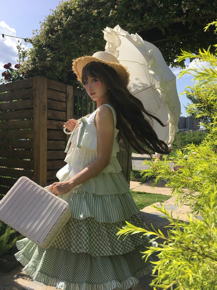 Rüschen gestuft mit Mori Kei Grün Patchwork Ärmelloses Kleid