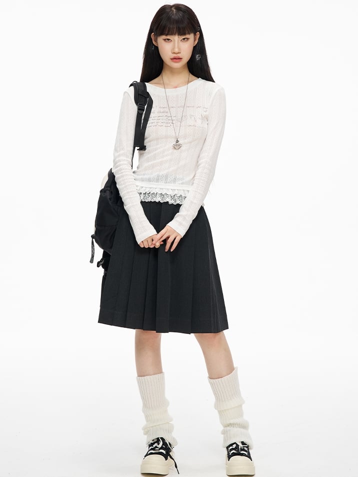 ホワイトレーストリムラウンドネックグラフィックTシャツ