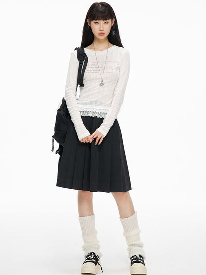 ホワイトレーストリムラウンドネックグラフィックTシャツ