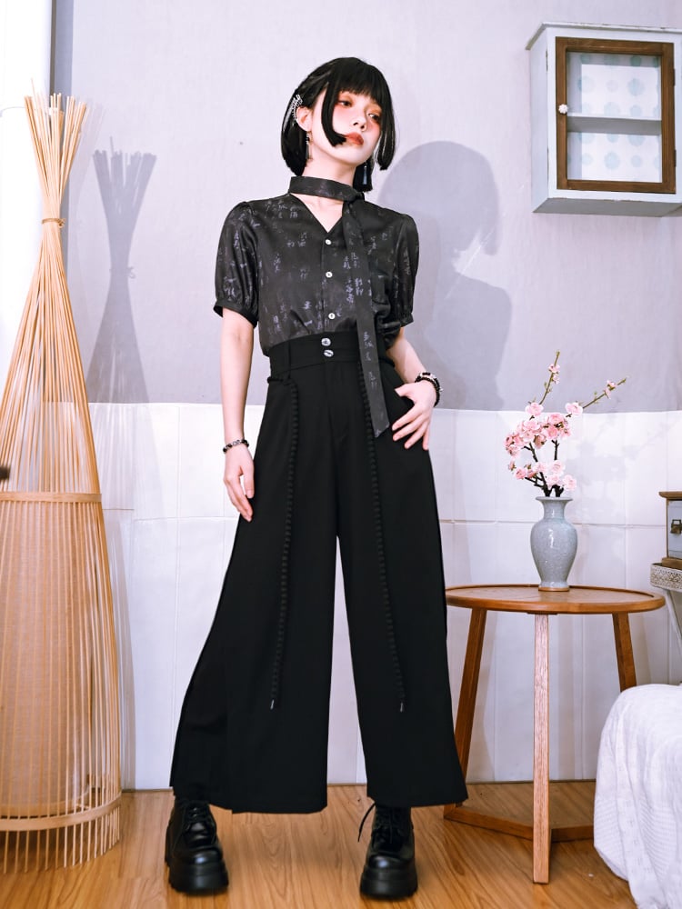 Black Version Wide-Leg Regular/Short Panel Pants Side with Cheongsam Cord Waist Pleated