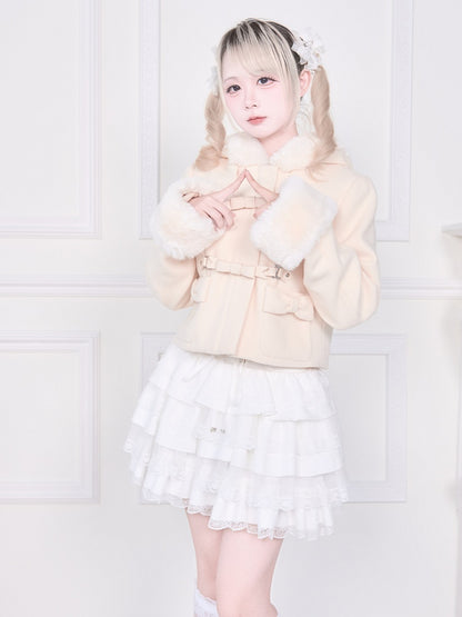 Bow Coat Plush Kei Short Jirai Apricot Trim with Hooded Pockets and