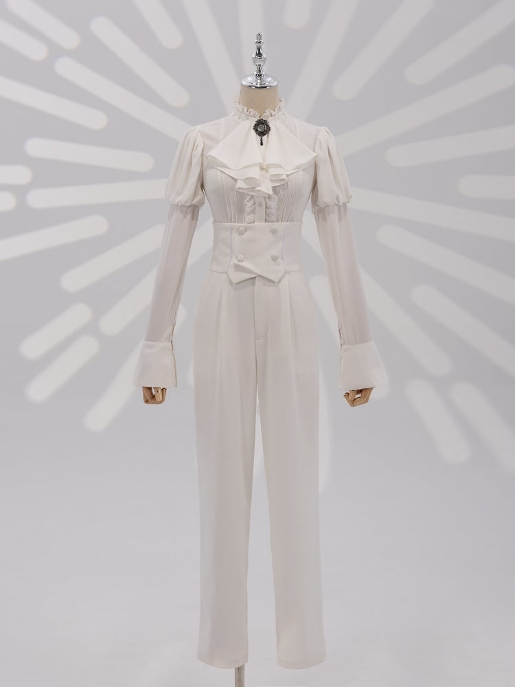 White Long Juliette Sleeve Shirt with Ruffled Neckline and Jabot - DevilInspired Exclusive Collection