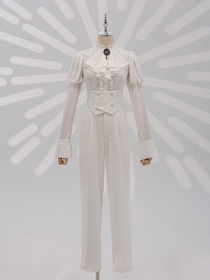 White Long Juliette Sleeve Shirt with Ruffled Neckline and Jabot - DevilInspired Exclusive Collection