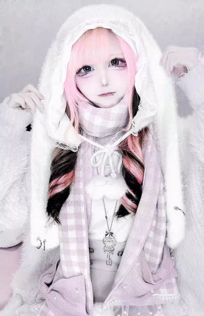 Bunny Ears Plush Hat with Self-tie Pompon Straps and Pin Details White