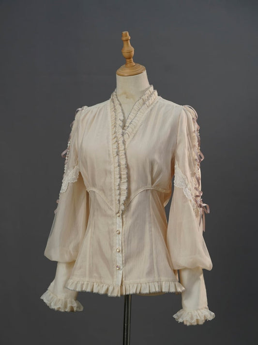 ベージュとパープルのフリルクロスオーバーネックライン長袖シャツ