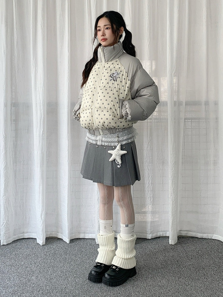 Beige Colorblock Cuffs with Embroidered Elastic Dot Letters Design Jacket Polka