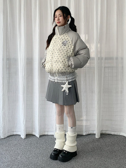 Beige Colorblock Cuffs with Embroidered Elastic Dot Letters Design Jacket Polka
