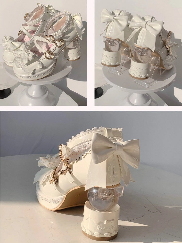 White Sweet Lolita Platform High-heel Mary Janes Cake Heel Bow Heart Buckle - Vintage Sweetheart