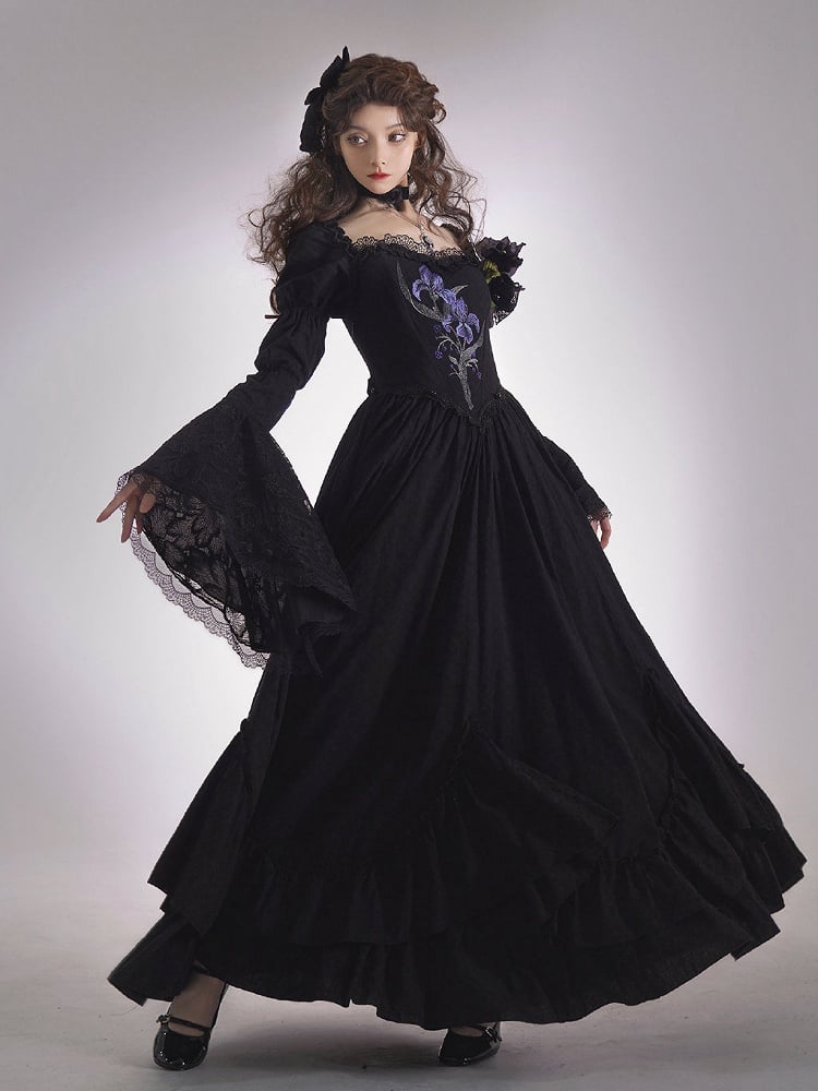 Lolita Black Skirt Dress Drawstring Iris with Gothic Elegant Embroidery