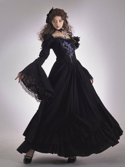 Lolita Black Skirt Dress Drawstring Iris with Gothic Elegant Embroidery