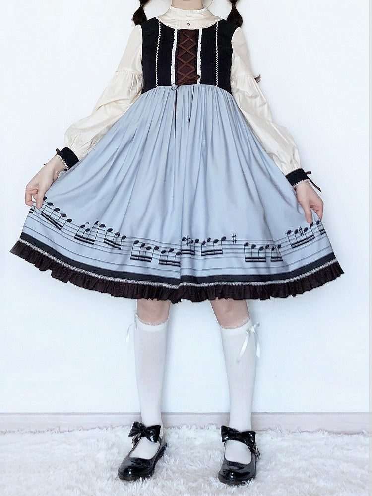 Musical Note Blue Autumn Lolita Long Sleeves Dress with Separate Pointed Collar