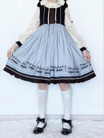 Musical Note Blue Autumn Lolita Long Sleeves Dress with Separate Pointed Collar