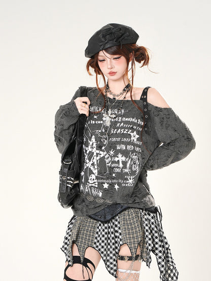 Graphic Coverup Asymmetrical Neckline Distressed Holes Black/White