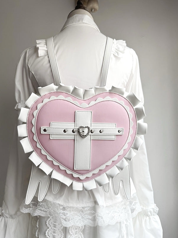 Heart / Light Jirai Wings Cross Pink with in Leather Black Blue Backpack Kei PU