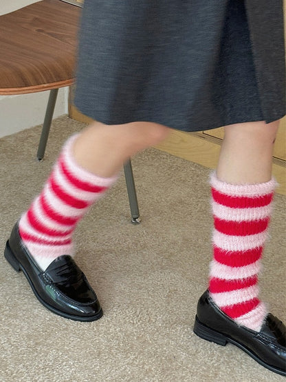 Y2K Striped Pattern Knitted Plush Leg Warmers