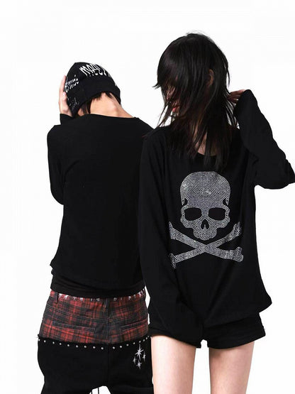 Silver Skull Rhinestone Top with Round Neck and Long Sleeves - DETW OnLine