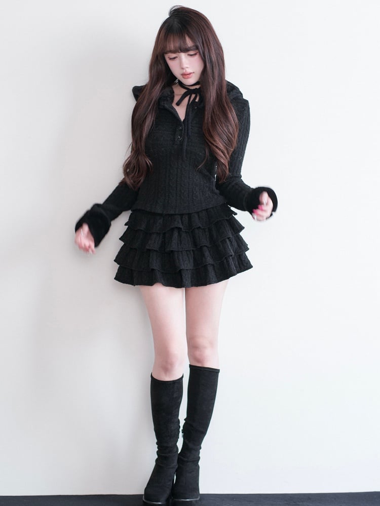 Fur Halter Hooded Kei and Knit Cuffs Design Faux with Jirai Black Tie Top Style Pure